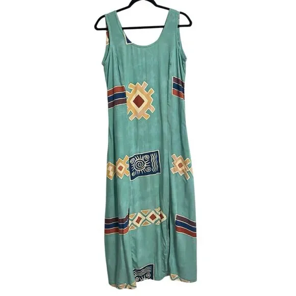 Bali Batiks Aztec Print Maxi Dress Sz M Aqua Green 4-Slit Bottom - Picture 3 of 9